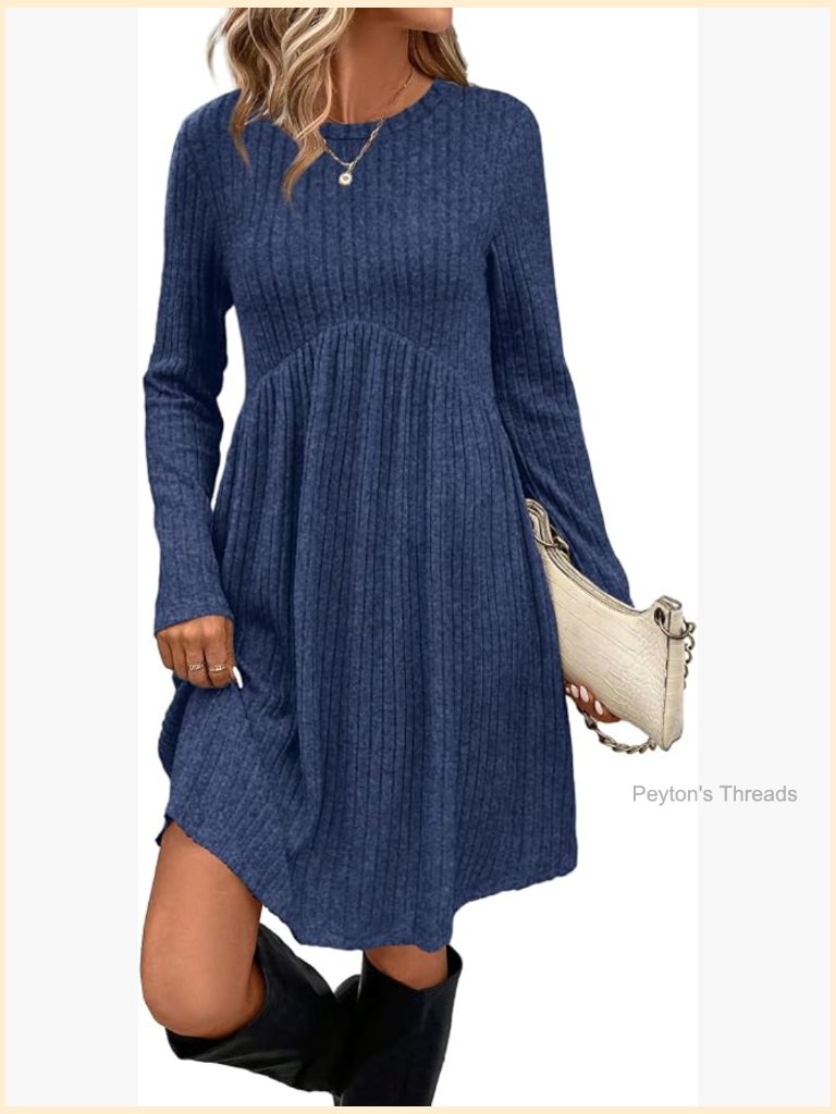 Long Sleeve Crew Neck Empire Waist Tunic Dress With Pockets